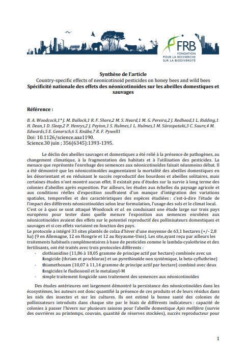 Spécificité nationale des effets des néonicotinoides sur les abeilles domestiques et sauvages