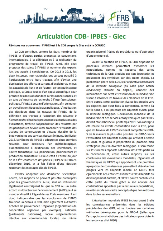 Articulation CDB- IPBES – Giec