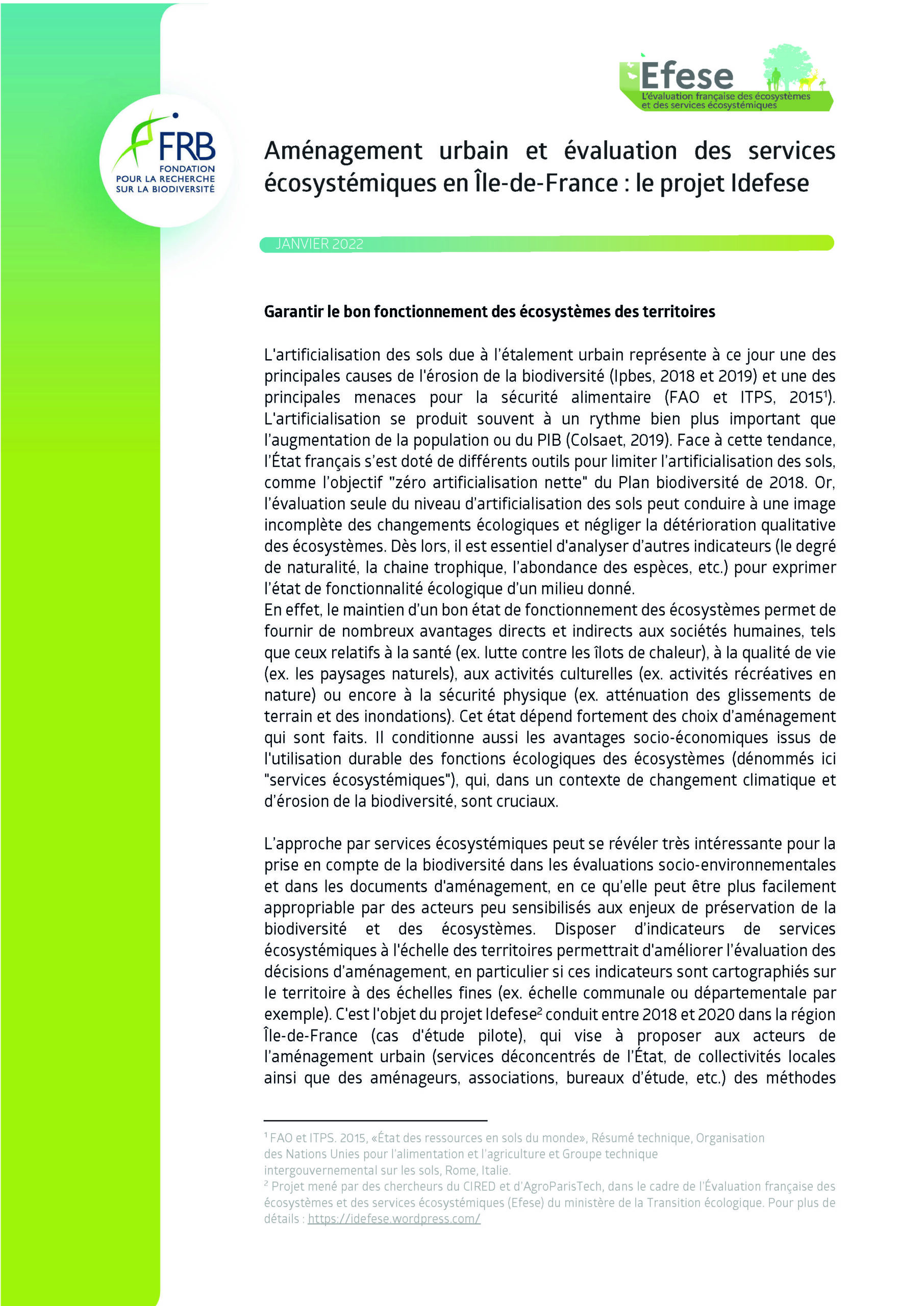 Aménagement urbain et évaluation des services écosystémiques en Île-de-France : le projet Idefese