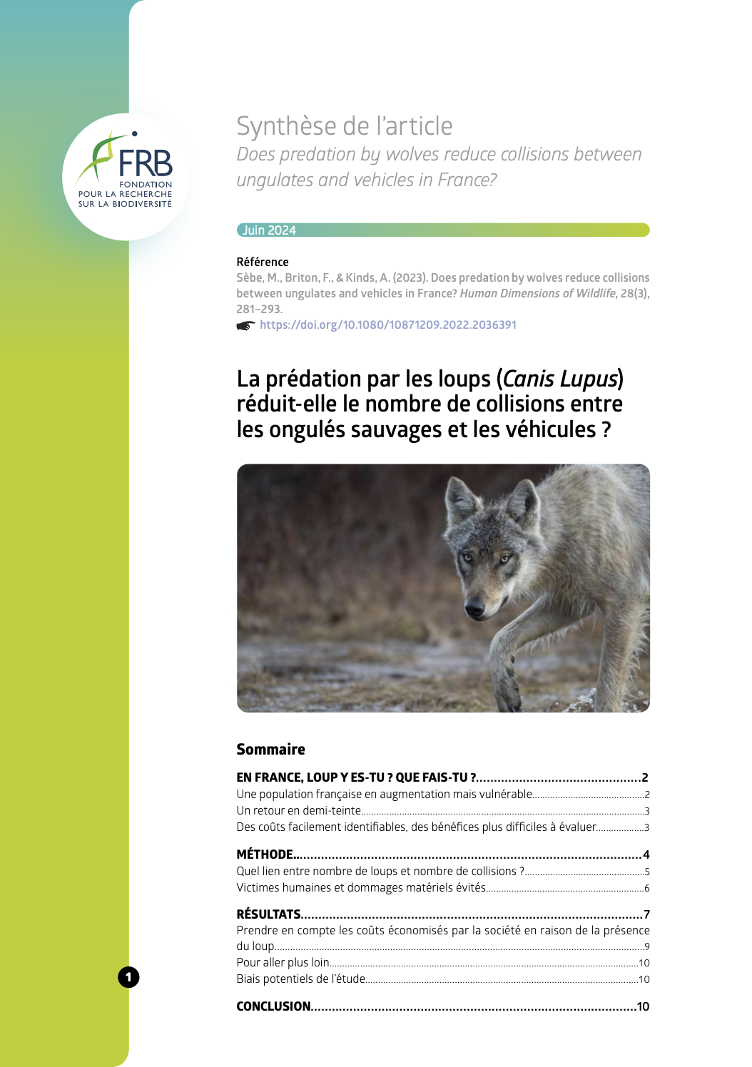 La prédation par les loups (Canis Lupus) réduit-elle le nombre de collisions entre les ongulés sauvages et les véhicules ?